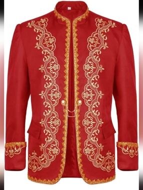 Red Embroidered Mandarin Jacket with Gold Trim